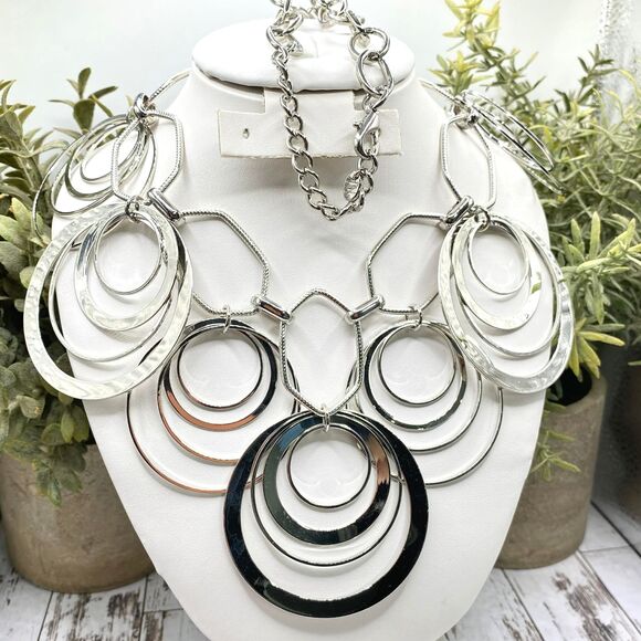 Napier Jewelry - Nena Silver Tone Statement Necklace Multi Circle Link Bib Necklace